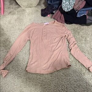 Pink Lily Long Sleeve Henley Top - Light Brown